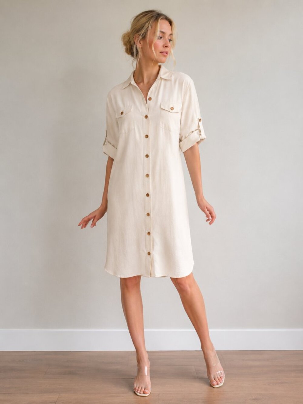 2/$30 TAHARI Arthur S. Levine Linen Utility Shirt Dress Off-White 6 #A4285